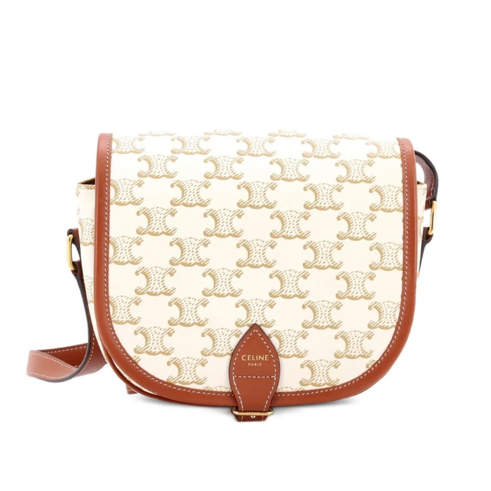 Celine White Canvas and Brown Leather Triomphe Medium Folco Crossbody Saddle Bag